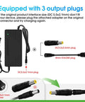 Fast Lane 54.6V 48V Battery Charger With 3A And 5A Settings For Quick Top Off. Charger with 3 output plugs and adapter details.