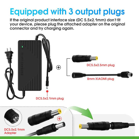 Fast Lane 54.6V 48V Battery Charger With 3A And 5A Settings For Quick Top Off. Charger with 3 output plugs and adapter details.