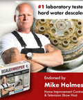 Whole Home Salt Free Water Descaler And Hard Water Conditioner For Home Use with endorser next to the product box.