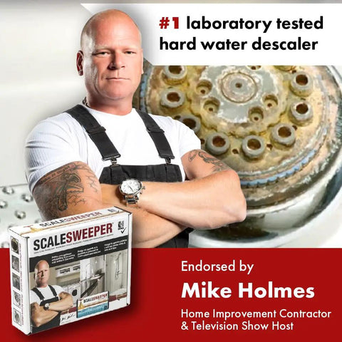 Whole Home Salt Free Water Descaler And Hard Water Conditioner For Home Use with endorser next to the product box.