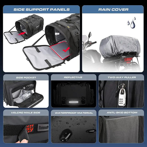 Expandable Motorcycle Tail Bag 60L Waterproof All Weather Travel Luggage For Trunk Rack With Sissy Bar Straps Rain Cover