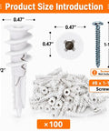 One Hundred Pack Self Drilling Drywall Anchors Plug And Play Plastic Build Quick Install No Messy Prep Heavy Duty Fasteners For Sheetrock Gypsum Walls Hang Your Gear Tight And Secure Every Single Time, showing size dimensions and quantity.