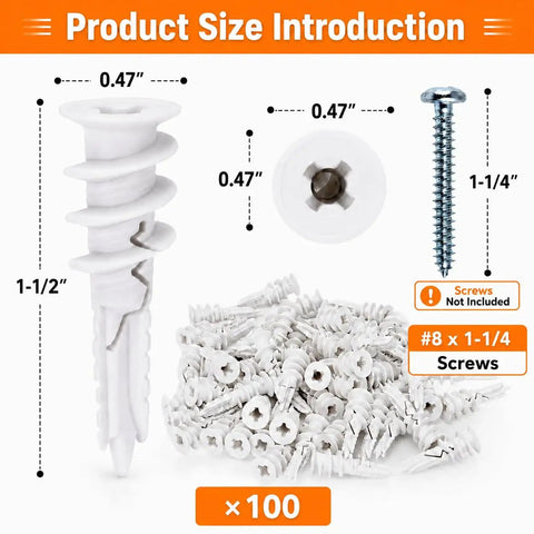 One Hundred Pack Self Drilling Drywall Anchors Plug And Play Plastic Build Quick Install No Messy Prep Heavy Duty Fasteners For Sheetrock Gypsum Walls Hang Your Gear Tight And Secure Every Single Time, showing size dimensions and quantity.