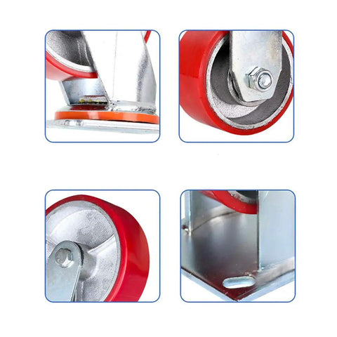Close-up views of Top Shelf Heavy Duty Swivel Caster Wheels With Secure Locks Three Sixty Degree Polyurethane Rollers.
