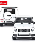 Front and back view of Mercedes AMG G63 Off Road Remote Control Car 1 14 Scale With Doors Open Working LED Lights 2.4Ghz White Color Toy