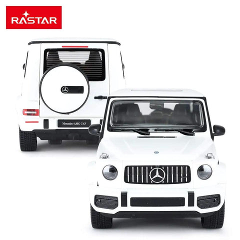 Front and back view of Mercedes AMG G63 Off Road Remote Control Car 1 14 Scale With Doors Open Working LED Lights 2.4Ghz White Color Toy