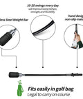 Diagram of Weighted Golf Swing Trainer For Indoor Practice And Warm Up Right Handed Grip showing features and portability