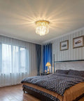 Modern Crystal Ceiling Light Chandelier 2-Tier Flush Mount Pendant in French Gold Finish with Sparkling K9 Crystals, bedroom view