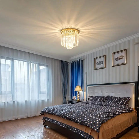 Modern Crystal Ceiling Light Chandelier 2-Tier Flush Mount Pendant in French Gold Finish with Sparkling K9 Crystals, bedroom view