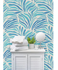 Modern Animal Print Vinyl Wallpaper Delivers Slick Leather Texture And Tough As Nails Durability For Busy Commercial Spaces And Gets Custom Printed For Your Walls. Blue animal print with towels and plants.