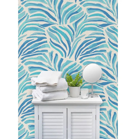 Modern Animal Print Vinyl Wallpaper Delivers Slick Leather Texture And Tough As Nails Durability For Busy Commercial Spaces And Gets Custom Printed For Your Walls. Blue animal print with towels and plants.