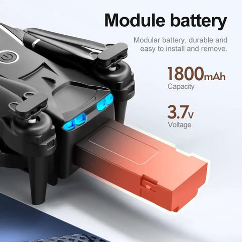 Dope 4K Dual Camera Foldable Drone showing detachable battery module with 1800mAh capacity and 3.7V voltage, suitable for beginners.