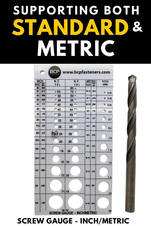 Front view of BCP screw thread gauge card with inch and metric sizes and a metal twist drill bit on the right