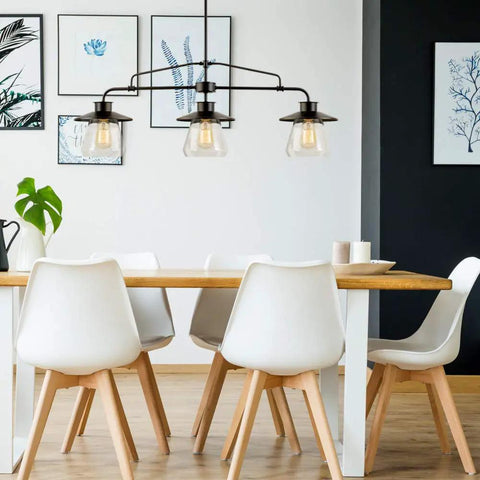 Three Light Pendant In Oil Rubbed Bronze With Clear Glass Shades, Classic Vintage Industrial Vibe For Any Ceiling, Adjustable Three Rod Suspension, Bulbs Not Included over dining table