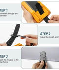 Instructions for using Magnet Hanger For Fluke Multimeters And Oscilloscopes Hands Free Hanging Loop Strap Kit Pro Grade Secure Magnetic Meter Hanger For Workshop And Field Use Durable Magnetic Hanger For Metal Surfaces And Field Technicians showing steps to attach strap and magnet to a multimeter.