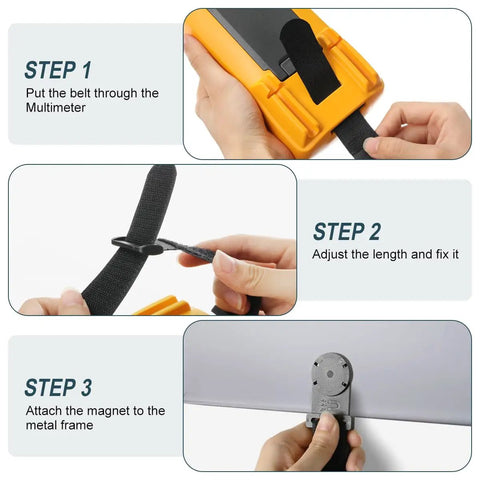 Instructions for using Magnet Hanger For Fluke Multimeters And Oscilloscopes Hands Free Hanging Loop Strap Kit Pro Grade Secure Magnetic Meter Hanger For Workshop And Field Use Durable Magnetic Hanger For Metal Surfaces And Field Technicians showing steps to attach strap and magnet to a multimeter.