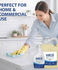 Woman cleaning kitchen counter with Virex, all purpose disinfectant cleaner, 1 gallon pack of 2, for home and pro use, lemon scent.