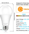 Outdoor Dusk To Dawn LED Light Bulbs 11W Auto On Off Sensor Daylight 5000K A19 With E26 Base dimensions and features