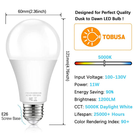 Outdoor Dusk To Dawn LED Light Bulbs 11W Auto On Off Sensor Daylight 5000K A19 With E26 Base dimensions and features