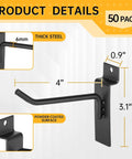 50 Pack Slatwall Hooks 4 Inch, Heavy Duty Steel Slatwall Hangers For Garage, Retail, Home And Shop Displays, Black Finish, Each Hook Supports Up To 30 Lbs, detailed view showing hook dimensions and material
