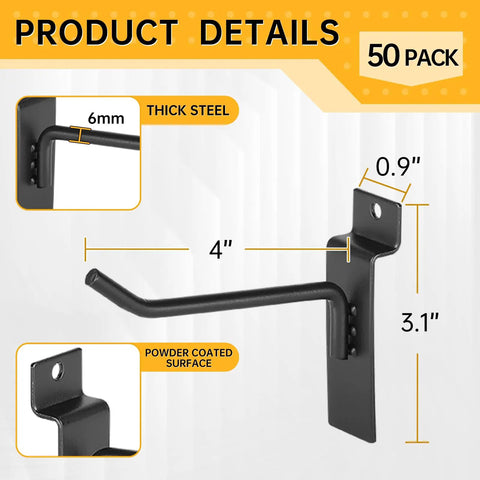 50 Pack Slatwall Hooks 4 Inch, Heavy Duty Steel Slatwall Hangers For Garage, Retail, Home And Shop Displays, Black Finish, Each Hook Supports Up To 30 Lbs, detailed view showing hook dimensions and material