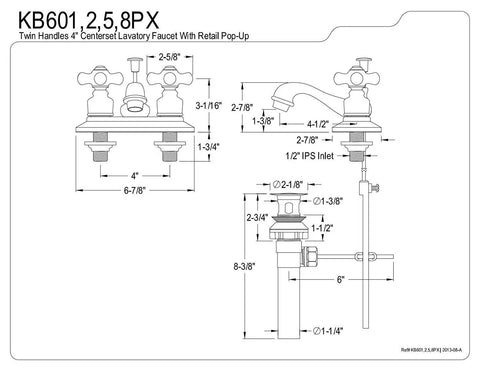 Technical diagram of Restoration 4 Inch Center Lavatory Faucet With Porcelain Cross Handles In Oil Rubbed Bronze KB605PX