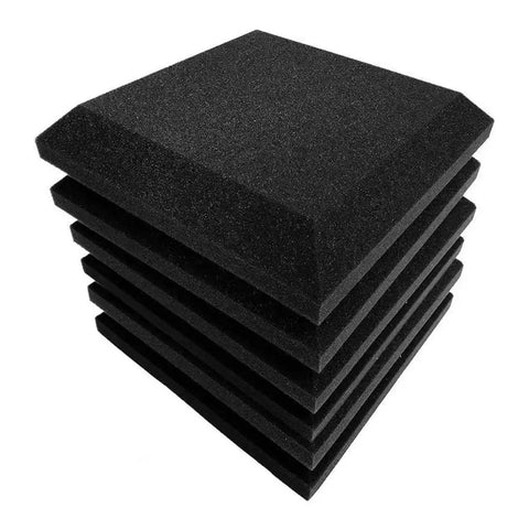 Solid Soundproof Foam Panels For Home Studio Acoustic Wall Tiles with Beveled Wedge Design, showing stack of black polyurethane tiles.