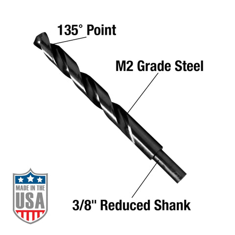 Pro Grade Reduced Shank Black Oxide Drill Set 29 Piece Made in USA, M2 Steel, 3/8 inch size, 135 Degree Split Point, aerospace quality