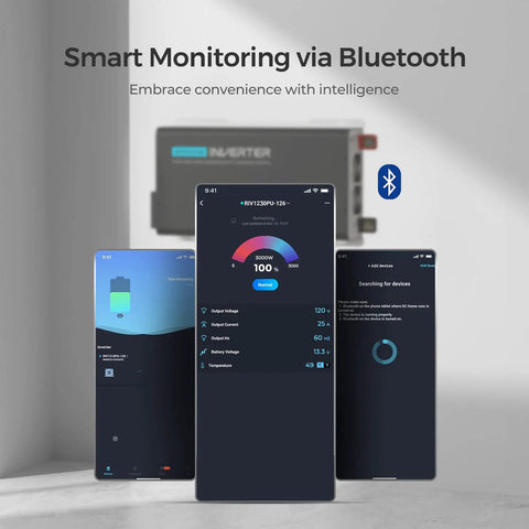 Smart monitoring screen of No Nonsense 3000 Watt Pure Sine Wave Inverter With Built In Transfer Switch displaying stats.