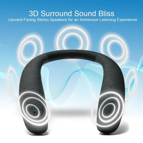 Wireless Neckband Speaker With 360 Degree Surround Sound And No Lag For Gaming And TV, black design, sound waves