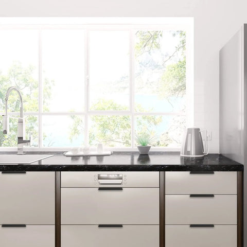 Modern kitchen with white cabinets featuring 10 Pack 5 Inch Brushed Nickel Cabinet Pulls Finger Pulls And Edge Pulls For Kitchen Cabinets.