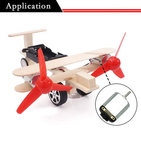 Wooden toy plane powered by Six Pack Small DC Hobby Motors Starter Kit With 3V Drive 24000 RPM, includes batteries and wires.