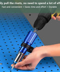 Heavy Duty Rivet Gun Adapter Kit For Cordless Drill With Removable Handle And 100 Piece 4.0 mm Pop Rivet Set in use on blue metal surface.