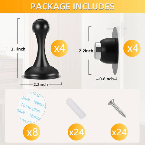 Four Pack Magnetic Door Stop No Drilling With 3D Adhesive Tapes Keeps Doors Open And Silent Easy Install Durable Stainless Steel Mount With Included Screws Black Finish Great For Home And Office, includes adhesive tapes and screws