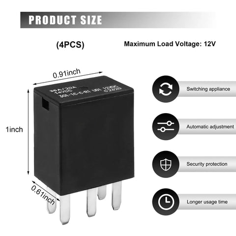 Dead On 4 Pack 12 Volt 35 Amp Auto Power Relay, Five Pin Spst Heavy Duty Car Switch, Built Tough Replacement For Headlights Fuel Pumps Cooling Fans And Circuits, 1 inch size.
