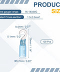 Top Shelf 100 Piece Heat Shrink Hook Terminals Connectors For 14 16 Awg Cables Blue Insulated Crimp Lugs detailed size chart.