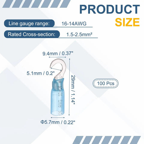Top Shelf 100 Piece Heat Shrink Hook Terminals Connectors For 14 16 Awg Cables Blue Insulated Crimp Lugs detailed size chart.
