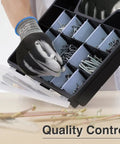 Person wearing PU Coated Work Gloves for Light Duty Tasks handling screws from organizer, showcasing gray polyurethane coating.