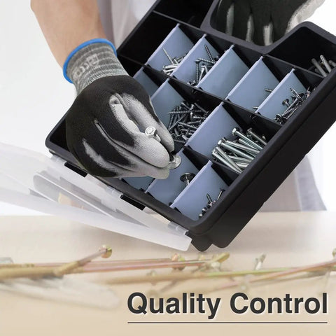Person wearing PU Coated Work Gloves for Light Duty Tasks handling screws from organizer, showcasing gray polyurethane coating.