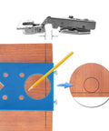 Blue plastic 35mm door hinge drilling guide jig on wood door for concealed hinge installation