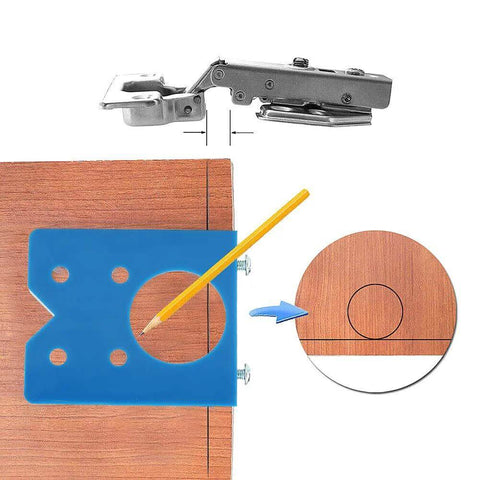 Blue plastic 35mm door hinge drilling guide jig on wood door for concealed hinge installation