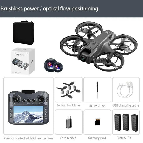 4K HD Dual Camera Drone With Remote Control Screen, brushless power, propeller guards, backup parts & accessories in package