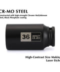 One Half Inch Drive Deep Spindle Axle Nut Impact Socket 36mm 12 Point CR MO Steel with Protective Black Phosphate Finish