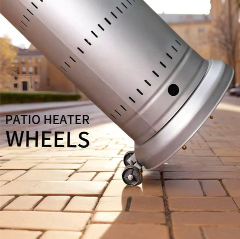 Side view of 4 black plastic patio heater caster wheels for gas heater, Amazon brand
