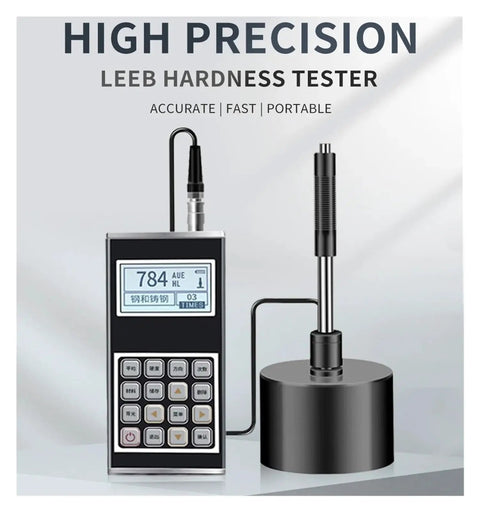 Heavy Duty Portable Digital Leeb Hardness Tester With Dead On Accuracy For Testing Stainless Steel Copper Aluminum And Forged Metals Without The Hassle, showing screen and probe.