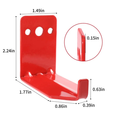 Red Beefy Heavy Duty Fire Extinguisher Wall Mount Bracket Kit with dimensions, universal expansion screw mount, for 5 to 40 lb extinguishers.