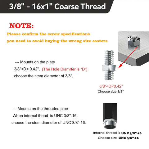 Dead Nuts Heavy Duty 5 Inch Swivel Caster Wheels With Locking Brakes Set Of 4 Furniture Casters Featuring Unc 3 8 16 Threaded Screw Stem In Matte Black showing screw size specifications.