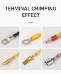 Various terminal crimping effects shown using the Premium Trade Grade Pneumatic Wire Crimping Tool with quick connector type.