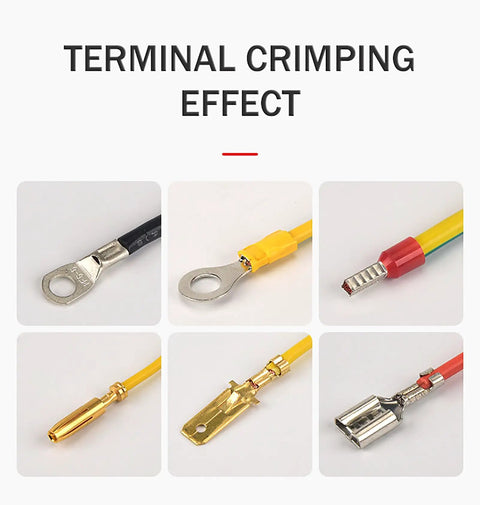 Various terminal crimping effects shown using the Premium Trade Grade Pneumatic Wire Crimping Tool with quick connector type.