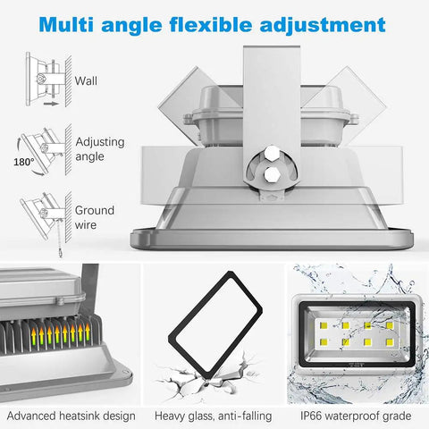 Diagram showing 400W LED Flood Light Outdoor Beast Bright Daylight 6000K, 40000LM, 120 Degree Beam with multi-angle adjustment.